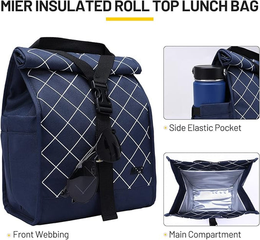 MIER Insulated Lunch Bag Roll Top Lunchbox for Women Men Adults Foldable Rolltop Lunch Tote with Shoulder Strap for Work Office Picnic, Water Bottle Holder, Blue