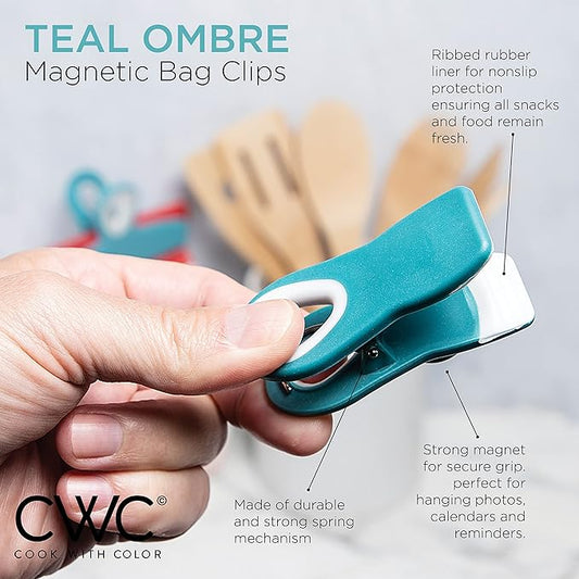 COOK WITH COLOR Bag Clips with Magnet - Chip Clips, Food Storage with Airtight Seal Grip for Bread, Snack and Food Bags (Light Blue Ombre, Pack of 10)