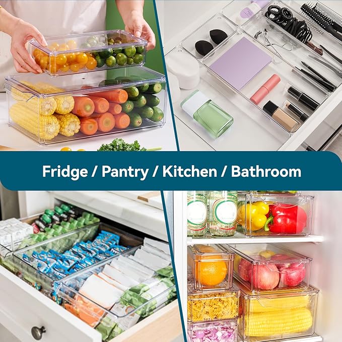 4 Piece Refrigerator Organizer Bins, Clear Fridge Organizers and Storage, Stackable with Lids, Food Storage Containers for Fruit, Vegetable, Drinks, Cereals