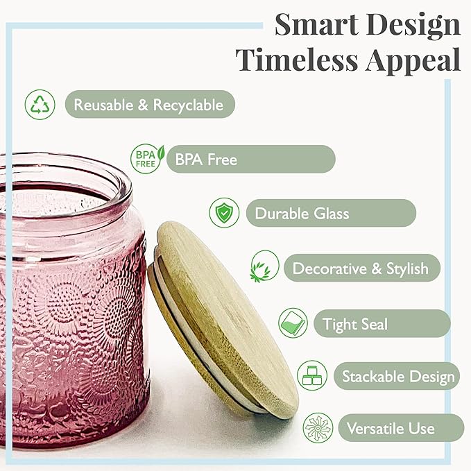 12 oz Decorative Glass Storage Jars with Airtight Bamboo Lids - 8 Pack Pink - Sunflower Embossed Spice, Candle & Home Organizer Set