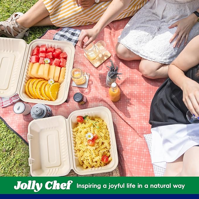 JOLLY CHEF Clamshell Take Out Food Containers, [75-Pack 9 * 6" ] To Go Containers Disposable, 100% Compostable Sugarcane To Go Boxes for Salad,Lunch