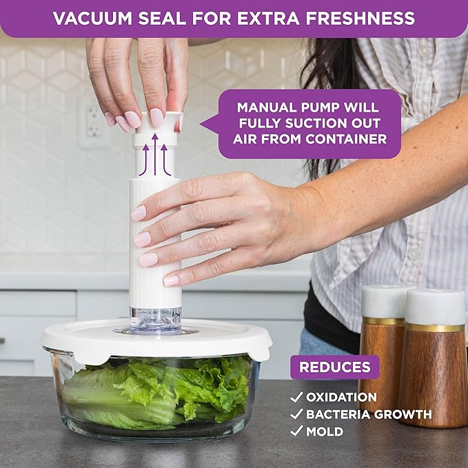 HOLDN’ STORAGE Vacuum Food Storage Containers, Set of 6 Glass Containers plus a Manual Vacuum Pump – Keep Food Fresh Longer, BPA-Free Glass, Leak-Proof, Ideal for Meal Prep, Marinating.