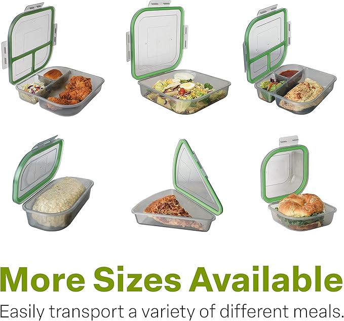 Half-Sized To-Go Divided Compartment Container, 9-1/2" X 5" X 2-1/2", Reusable, Microwave Safe, NSF Certified, Smoke/Green