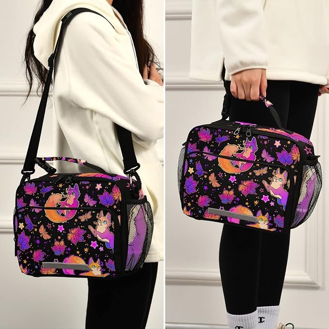 Psychedelic Fox Cat Lunch Box for Girls Purple Insulated Lunch Bag Kids Boys Cooler Tote Shoulder Strap Reusable School Travel Picnic