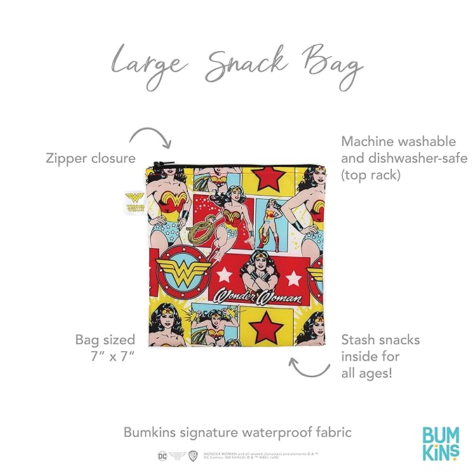 Bumkins Reusable Sandwich and Snack Bags, for Kids School Lunch and for Adults Portion, Washable Fabric, Waterproof Cloth Zip Bag, Travel Pouch, Food-Safe Storage, Large, DC Comics Wonder Woman