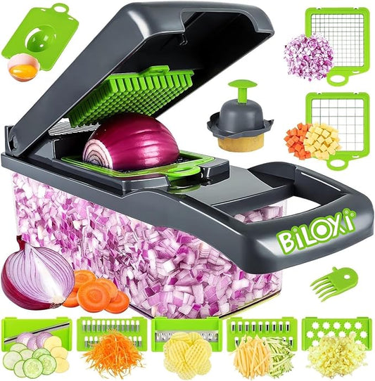 Vegetable Chopper, Onion Chopper, Mandolin Slicer,Pro 10 in 1professional food multifunctional Vegetable Chopper and Slicer, Dicing Machine, AdjustableVegetable Cutter Container (Gray>Green Mix)