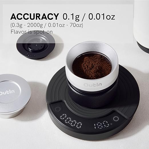 OutIn Claro Portable Coffee Scale,Espresso Scale 2kg/0.1g Accurate Measurement,Pour Over Coffee Scale Multiple Modes,Timer Function,Rechargeable, with Protective Bag