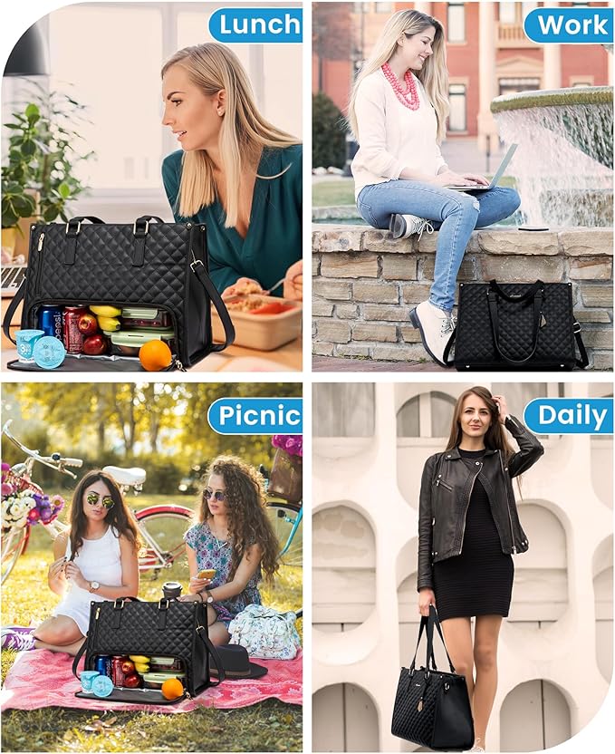 LOVEVOOK Lunch Tote Bag for Women, 15.6 Inch Laptop Bag with Insulated Lunch Compartment, Quilted Large Capacity Computer Handbag with Purse for Business, Work, Nurse, Office, Collage, Casual, Black