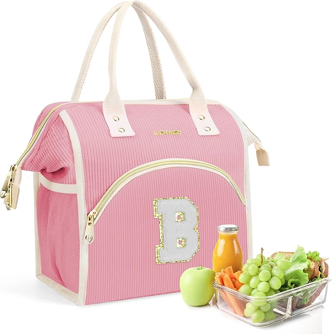 Personalized Initials Lunch Box for Women& Men, Preppy Reusable 10 L Insulated Lunch Bag, Leakproof Large Bdults lunch tote Cooler Bags Insulated for Beach,Travel,Work, Picnic-Birthday Gifts（Pink B）