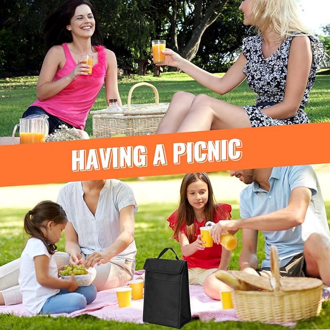 Cunno 30 Pcs Hook and Loop Insulated Bags for lunch Bulk Black Reusable Cooler Bags Waterproof Bags Bulk with Foil Thermal for Women Men Office Picnic Travel