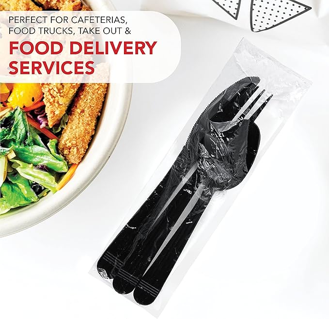 Party Essentials Individually Wrapped Black Plastic Cutlery Packets/Heavy Duty Silverware Kits, Fork/Spoon/Knife/Napkin, 100 Sets