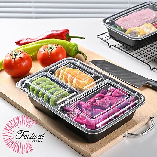 48 Pack Meal Prep Containers, 43OZ Bento Box, 3 Compartment Divided Food Storage Containers Durable Stackable Reusable, For Microwave/Dishwasher/Freezer（48 Trays & 48 Lids）