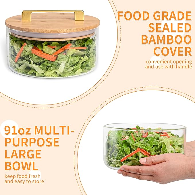 Glass Salad Bowl with Lid, Glass Mixing Bowl with Lid for Salads, Serving Bowls with Lids, Trifle Bowl for Small Family, Keep Food Fresh, Microwave & Dishwasher Safe, Kitchen Must-Have