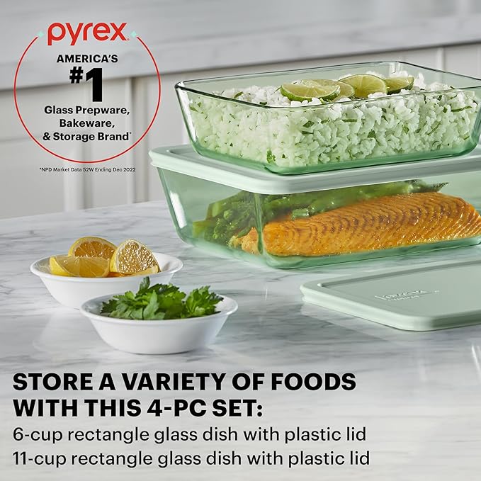 Pyrex Colors (2-Pack) Tinted Glass Large Rectangular Food Storage Container Set, Snug Fit Non-Toxic Plastic BPA-Free Lids, Freezer Dishwasher Microwave Safe, 6 Cup & 11 Cup, Green