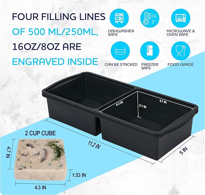 Silicone Freezer Trays with Lid,2-cup Soup Freezer Container large Ice Cube Molds with Reinforced Steel Ring Top for freezing Soup Sauce Broth Leftovers oven Dishwasher -Safe (black)