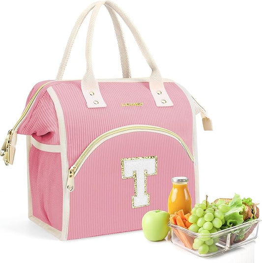 Personalized Initials Lunch Box for Women& Men, Preppy Reusable 10 L Insulated Lunch Bag, Leakproof Large Tdults lunch tote Cooler Bags Insulated for Beach,Travel,Work, Picnic-Birthday Gifts（Pink T）