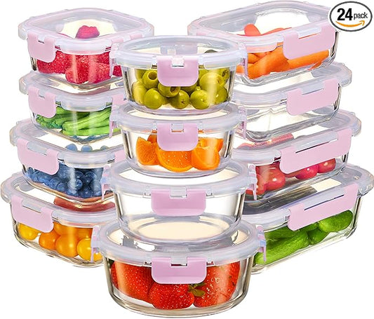 FineDine 24 Piece Glass Storage Containers with Lids - Leak Proof, Dishwasher Safe Glass Food Storage Containers for Meal Prep or Leftovers, Pink