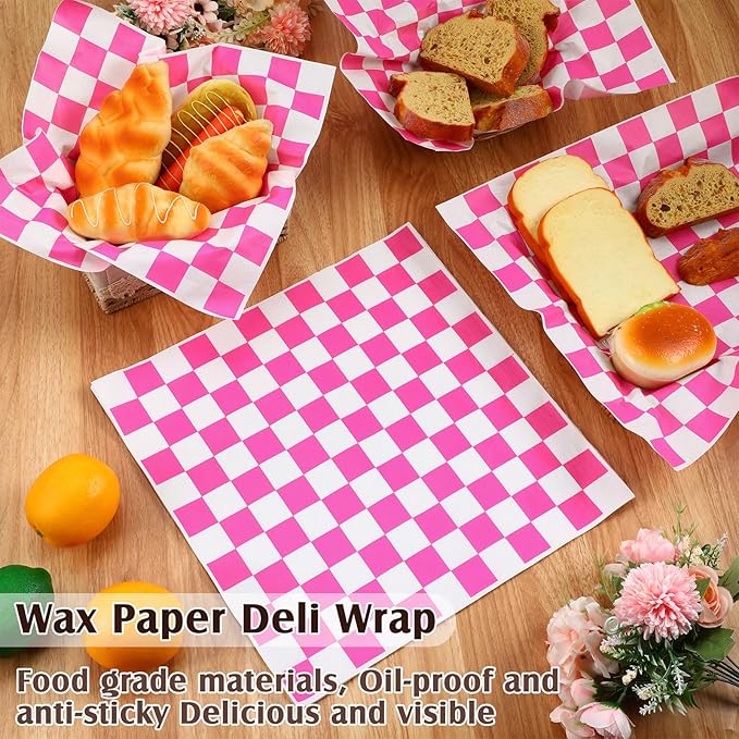 600 Pcs Sandwich Wrapping Paper Sheet 15x15 Checkered Food Wax Paper Sheets Parchment Paper Basket Liner Grease Restaurant Supplies for Wrapping Bread Burgers Food Serving (Pink)