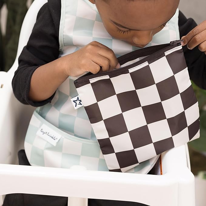 Tiny Twinkle 3 Pack Reusable Snack Bags - Machine Washable, PFAS, PVC, BPA, Phthalate-Free Reusable Baby and Toddler Food Safe Snack Bags (Black Checkers)