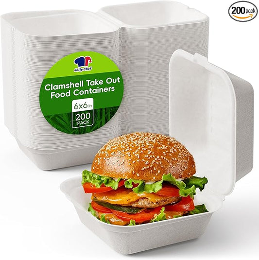 JOLLY CHEF Clamshell To Go Containers, 6" x 6" 200-Pack, Sugarcane To Go Boxes for Salad, Lunch