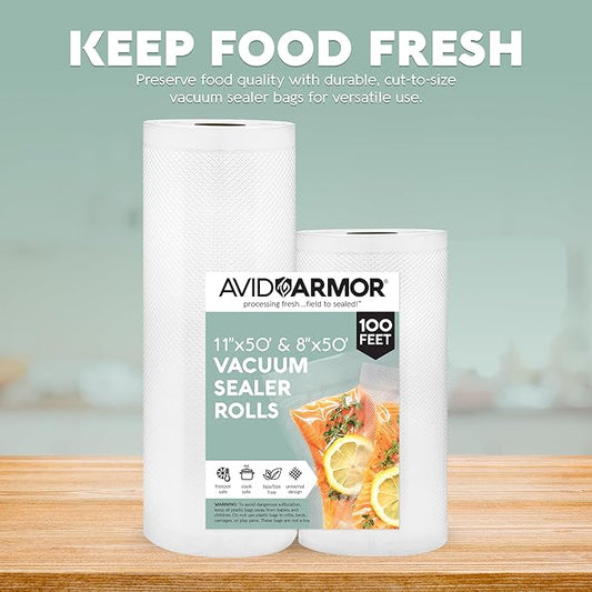 Avid Armor Vacuum Sealer Rolls Combo Set, With 2 Vac Seal Bags for Food (11 inches x 50 ft and 8 inches x 50 ft), Non-BPA Vacuum Sealer Bags, Freezer Vacuum Sealer Bags, Sous Vide Bags Vacuum Sealer