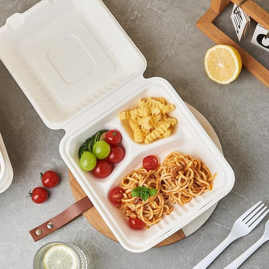 [8X8 3-Compartment 75-Pack Bio Natural Clamshell Take Out Food Containers with Lids, Disposable Bagasse Togo Boxes, Eco-Friendly Biodegradable Made of Sugar Cane Fibers