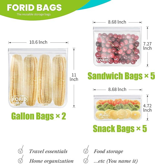Reusable Storage Bags - 12 Pack EXTRA THICK Freezer bags (2 Reusable Gallon Bags & 5 Reusable Sandwich Bags & 5 Reusable Snack Bags) FDA Grade LEAKPROOF Lunch Bag for Food Travel Items Storage