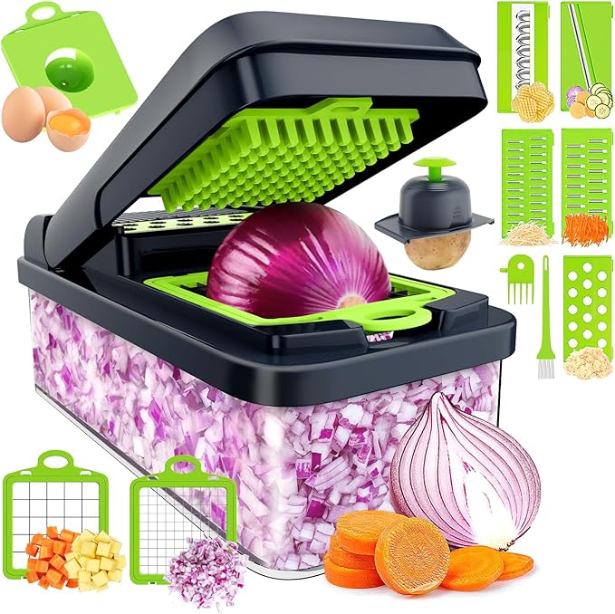 12-in-1 Vegetable Chopper, Kitchen Gadgets with 7 Blades, Veggie, Food, Onion Chopper, Cucumber Slicer, Versatile Mandoline, Includes Egg Separator & Finger Guard, Green