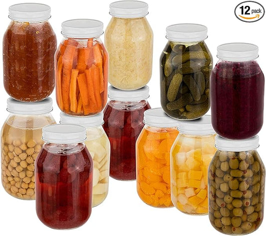12 Pack of 32oz Regular Mouth Jelly Jam Glass Mason Jars and Metal Airtight Lids for Pickling, Fermenting, Canning and Storing. Containers for Pickles, Kombucha, Preserves, Sauces, Kefir, Fruits