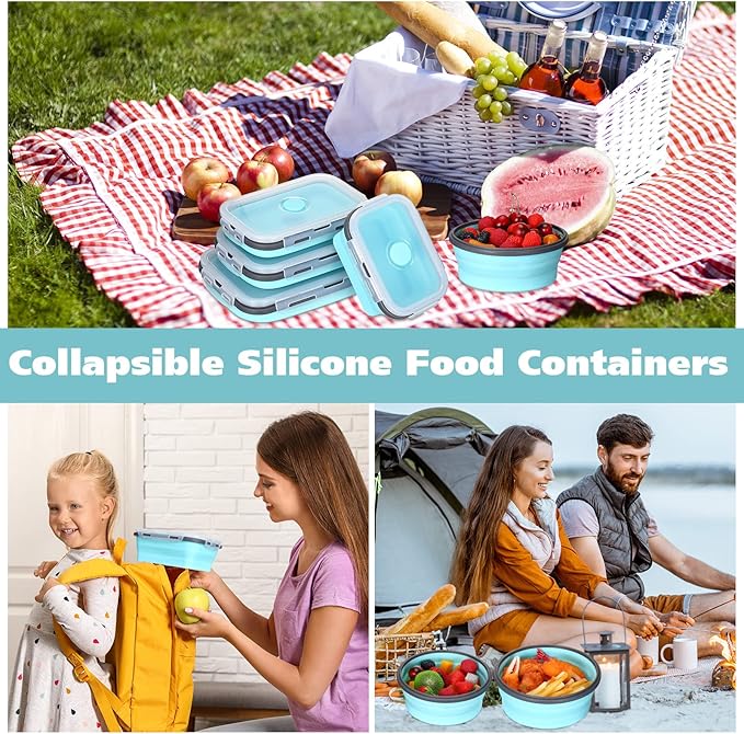 8 Pieces Collapsible Food Storage Containers Foldable Silicone Lunch Containers with Lids, 4 Pcs Silicone Rectangle Collapsible Bowls and 4 Pcs Round Food Bowls, Microwave Freezer and Dishwasher Safe