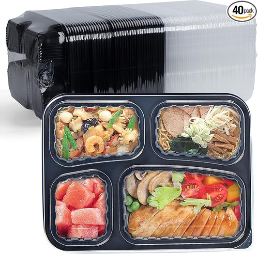 Meal Prep Container, 4 Compartment 40 Pack 34oz - Reusable Bento Boxes for Food Storage and Portion Control - To Go Containers for Meal Planning - BPA Free Microwave and Freezer Safe