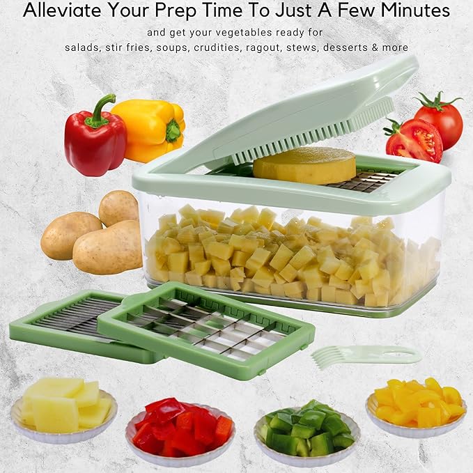 Brieftons QuickPush Food Chopper: Vegetable Dicer Slicer, Onion Cutter, 3 Extra-Large Blades with 200% More Cutting Area to Chop Dice Slice Vegetables, 2.6-Quart Container