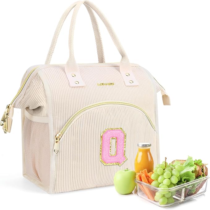 Personalized Initials Lunch Box for Women& Men, Preppy Reusable 10 L Insulated Lunch Bag, Leakproof Large Qdults lunch tote Cooler Bags Insulated for Beach,Travel,Work, Picnic-Birthday Gifts（Beige Q）