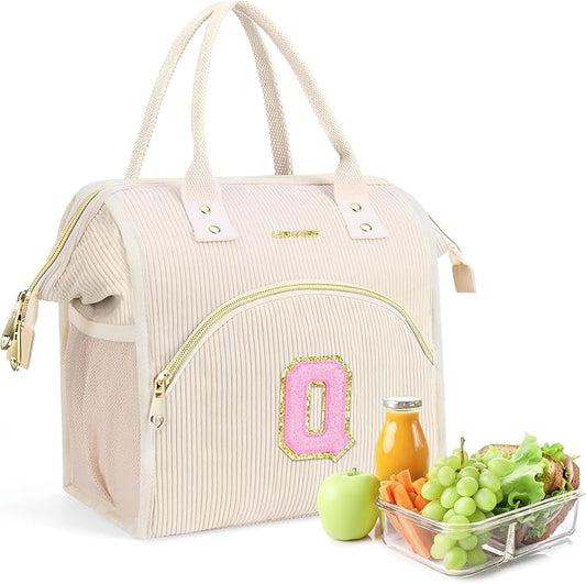 Personalized Initials Lunch Box for Women& Men, Preppy Reusable 10 L Insulated Lunch Bag, Leakproof Large Qdults lunch tote Cooler Bags Insulated for Beach,Travel,Work, Picnic-Birthday Gifts（Beige Q）