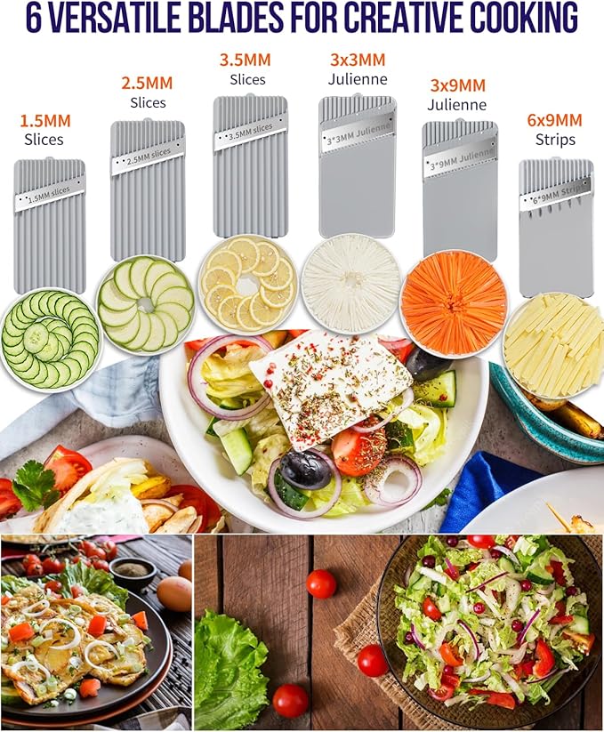 Safe Mandoline Slicer Upright Vegetable Chopper-Julienne Dicer for Kitchen, Potato Slicer, Adjustable Vegetable Cutter with Container, Multifunctional 6 in 1 Food Chopper (Dark Blue)