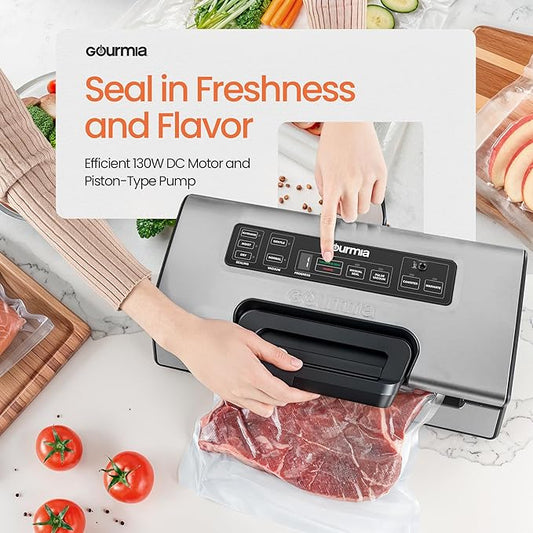 Food Vacuum Sealer Machine | High Vacuum Speed at 15 L/minute | Compact & Portable Vacuum Sealer for Food | Built-in Cutter & Roll Bag Storage | Food Bag Sealer with Stainless Steel Cover | Gourmia