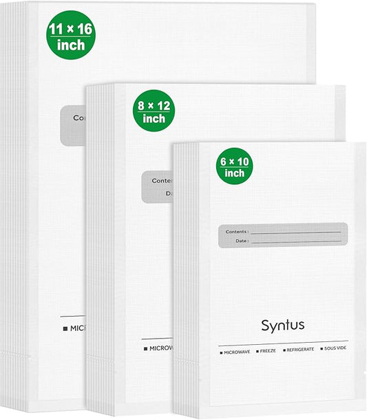 Syntus Vacuum Sealer Bags, 150 Count Gallon 11" x 16" and Quart 8" x 12" and Pint 6" x 10" Comercial Grade PreCut Seal Bag for Food, BPA Free Food Vac Bags for Storage, Meal Prep or Sous Vide