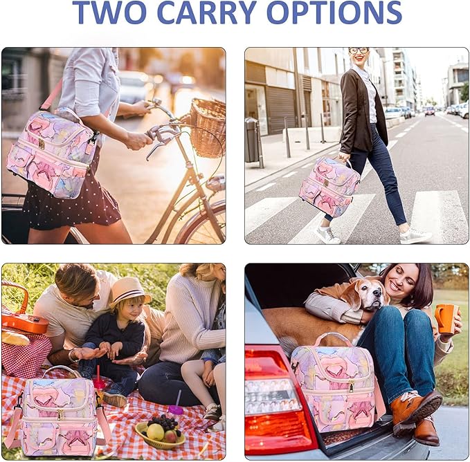 LOKASS Lunch Bags for Women Double Deck Insulated Lunch Box Large Cooler Tote Bag with Removable Shoulder Strap Wide Open Thermal Meal Prep Lunch Organizer Box for Adults/Work/Outdoor, Pink