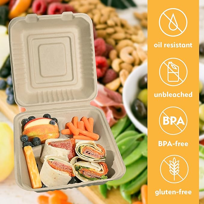 100% Compostable Disposable Food Containers with Lids [8”X8” 3-Comp 200 Pack] Eco-Friendly Take-Out TO-GO Containers, Heavy-Duty, Biodegradable, Unbleached by Earth's Natural Alternative