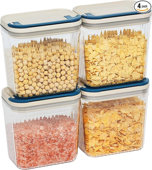 Flip-Lock Airtight Storage Containers Set 4 x 1.6 Qt, Food Container with One-hand Leak Proof Lid, Kithchen Pantry Canisters for Sugar Coffee Snacks Dog Treat, Rectangle, White