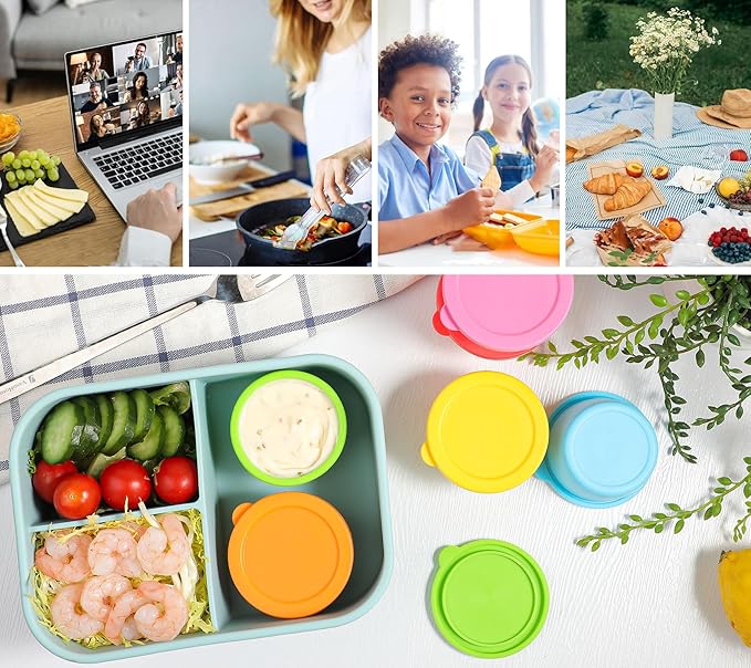 KOLUTI 2.4oz Salad Dressing Container To Go 8 Pack, Nonstick Silicone Condiment Portion Cup with Lid, Small Sauce Storage Box for Lunch Bento, Leak-proof, BPA Free, Dishwasher & Microwave & Oven Safe