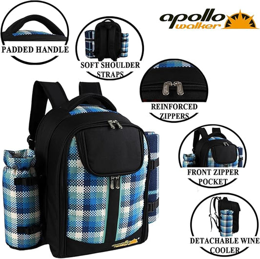 apollo walker Picnic Backpack Bag with Cooler Compartment, Detachable Bottle/Wine Holder, Fleece Blanket, Plates and Cutlery Set (4 Person, Black)