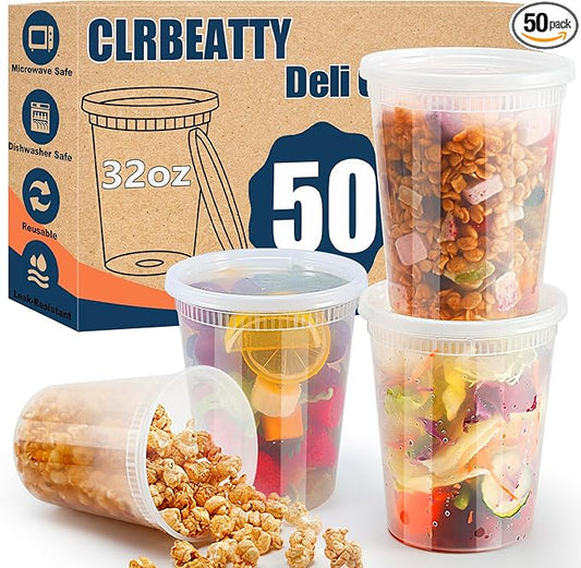 50 Pack Deli Containers with Lids,32oz Plastic Deli Food Storage Containers,Leak Proof Clear Soup Containers With Airtight Lids,Meal Prep Containers,Microwave Dishwasher Freezer Safe