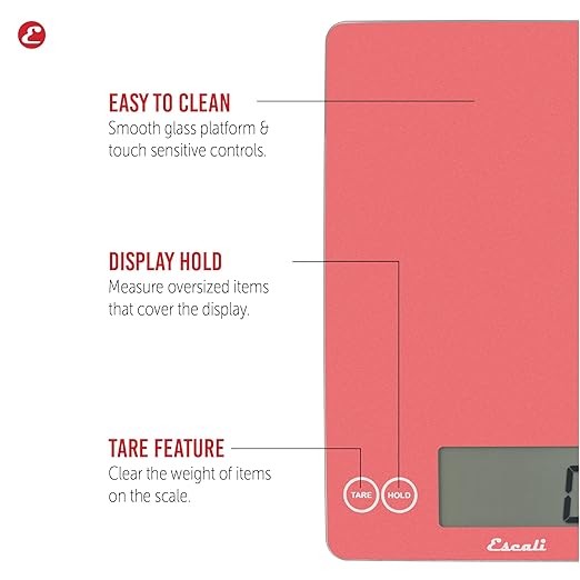 Escali Arti Glass Food Scale Digital Countertop Kitchen, Baking and Cooking Scale with Nutrition and Calorie Counter, 15-Pound Capacity, 9" x 6.5" x .75", Desert Rose