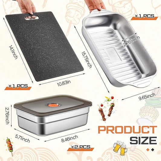 4 Pcs Grill Prep Trays Set Includes Stainless Steel Grilling Prep and Serve Tray Grill Platter 2 Marinade Container with Lids and Cutting Board for BBQ Outdoor Grilling (Deep Tray)