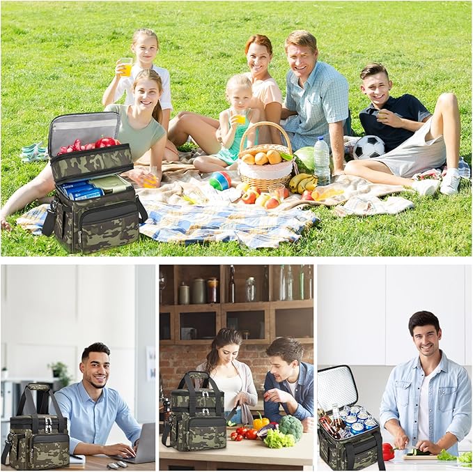 Insulated Lunch Bag & Lunch Box for Men - Double Deck Reusable Lunch Bag for Women Tote Cooler Bag Leakproof Soft Expandable - Large Lunchbox for Work/Adult/Picnic/Outdoor (Camo，15L)