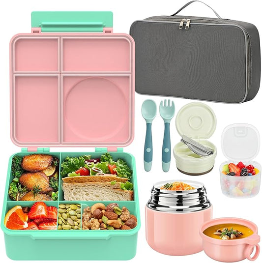 Bento Lunch Box for Kids with 12oz Soup Thermo, Leak-Proof Lunch Containers with 5 Compartments, Insulated Lunch Bag, Thermo Hot Food Jar with Spoon for Kids to School, Travel, Pink