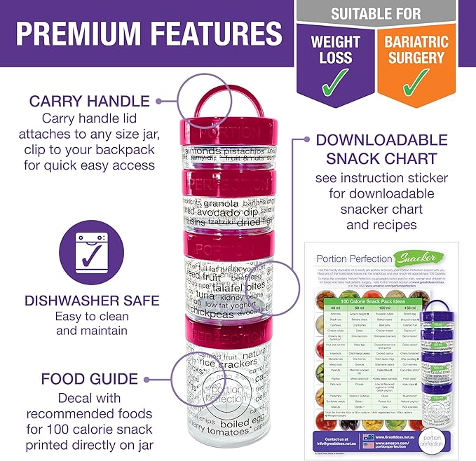 100 Cal Stackable Snack Containers for Weight Management, Food Portion Control Containers for Weight Control with Instructions for Men, Women and Bariatric Must-Haves (Pink)
