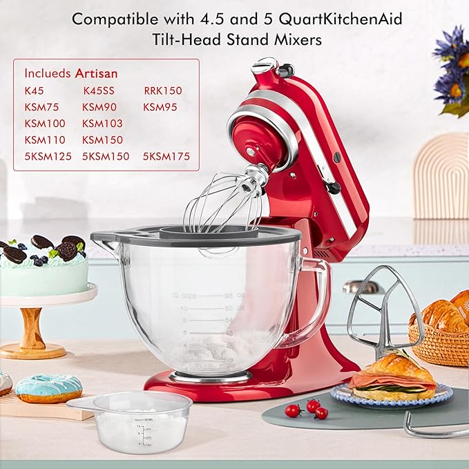 Glass Mixing Bowl Accessory 5 Quart - Compatible with KitchenAid 4.5 and 5 Quart Tilt-Head Stand Mixers (With Measuring Cup Lid)