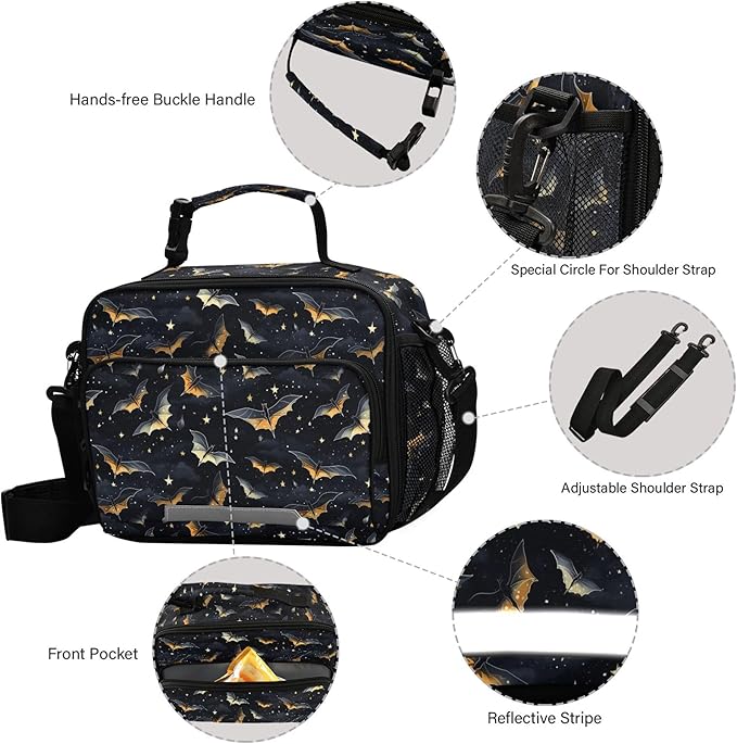 MNSRUU Student Lunch Bag Gothic Skull Bat Insulated DinnerTotes Picnic Bag Lunch Box with Adjustable Shoulder Strap for Teen Kids Adults
